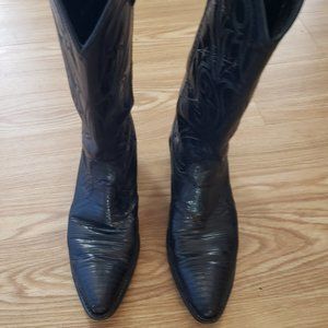 Dan Post women's black lizard cowboy boots with black tooled quarters.